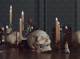 a table topped with a skull and candles