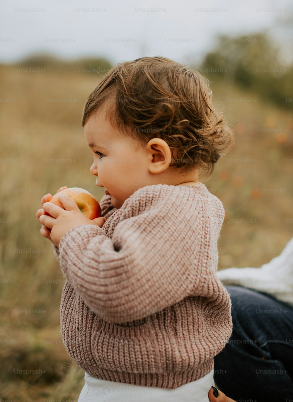 a little girl eating an apple in a field