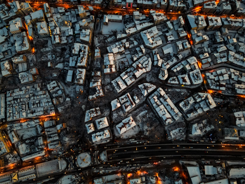 an aerial view of a city at night