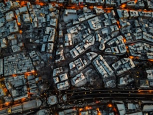 an aerial view of a city at night