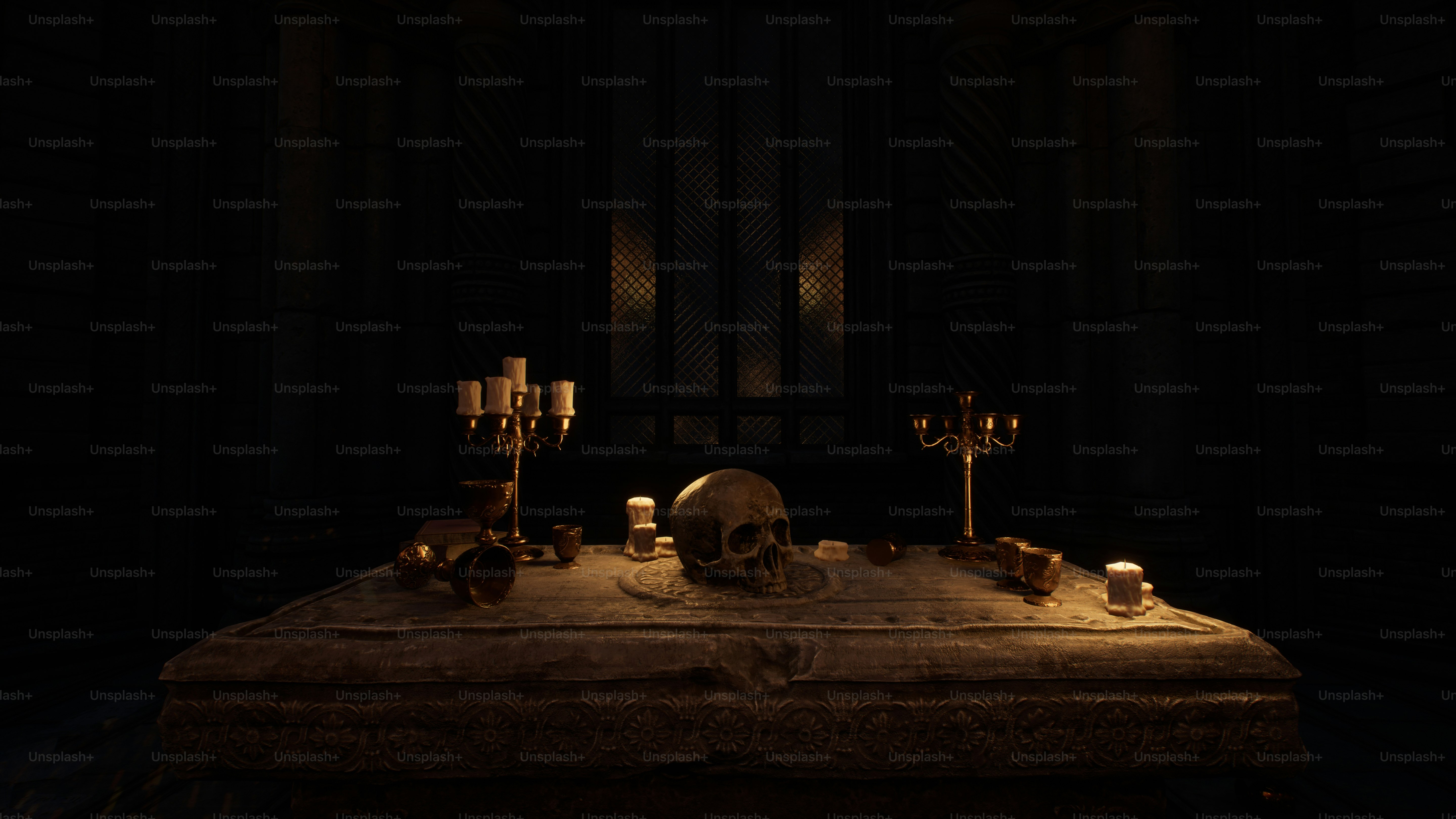 a table with candles and a skull on it