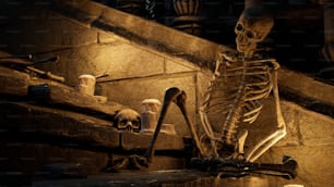 a skeleton sitting on top of a set of stairs