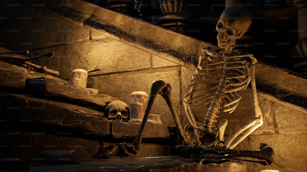 uno scheletro seduto in cima a una rampa di scale