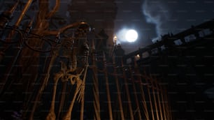 a skeleton in a graveyard with a full moon in the background