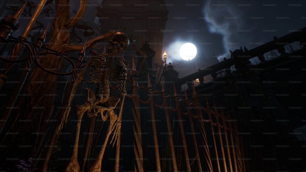 um esqueleto em um cemitério com uma lua cheia ao fundo