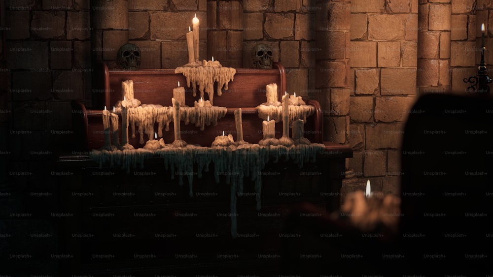 a church alter with candles and icicles on it