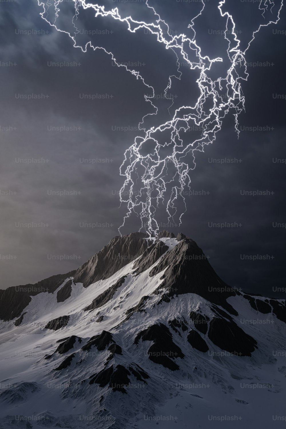 a lightning bolt hitting a mountain in the sky