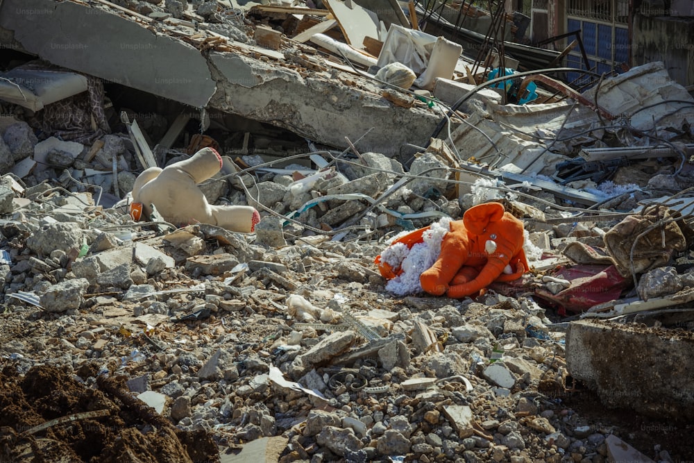 a stuffed animal laying on top of a pile of rubble