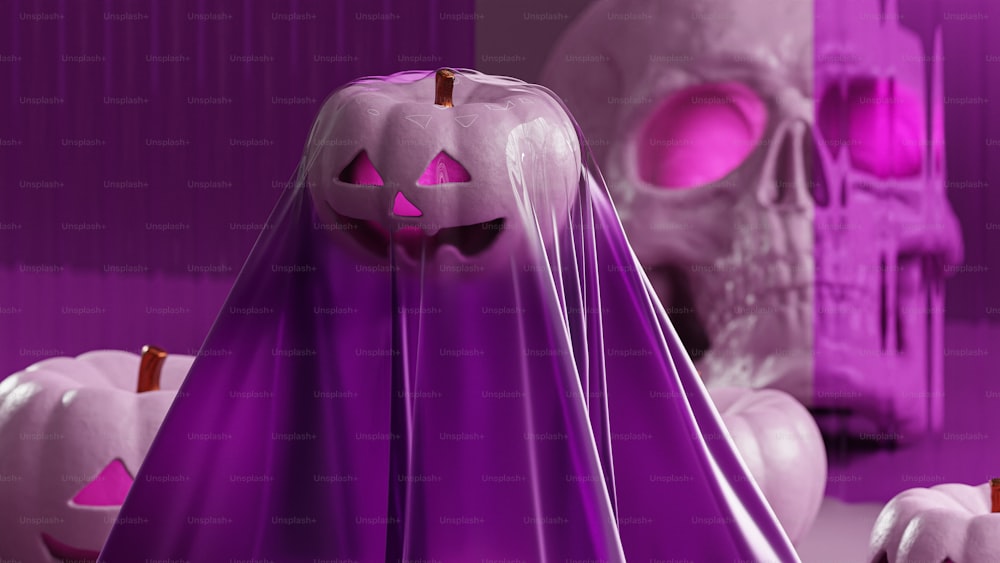 Uma cena de Halloween com uma caveira e um fantasma roxo