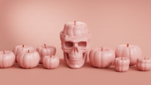 un crâne rose entouré de citrouilles sur fond rose