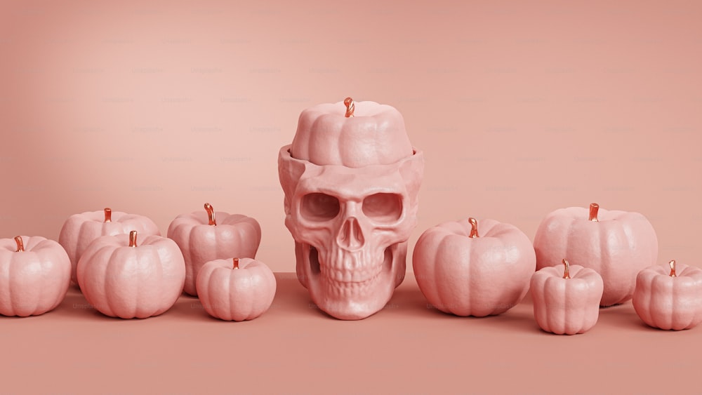 a pink skull surrounded by pumpkins on a pink background