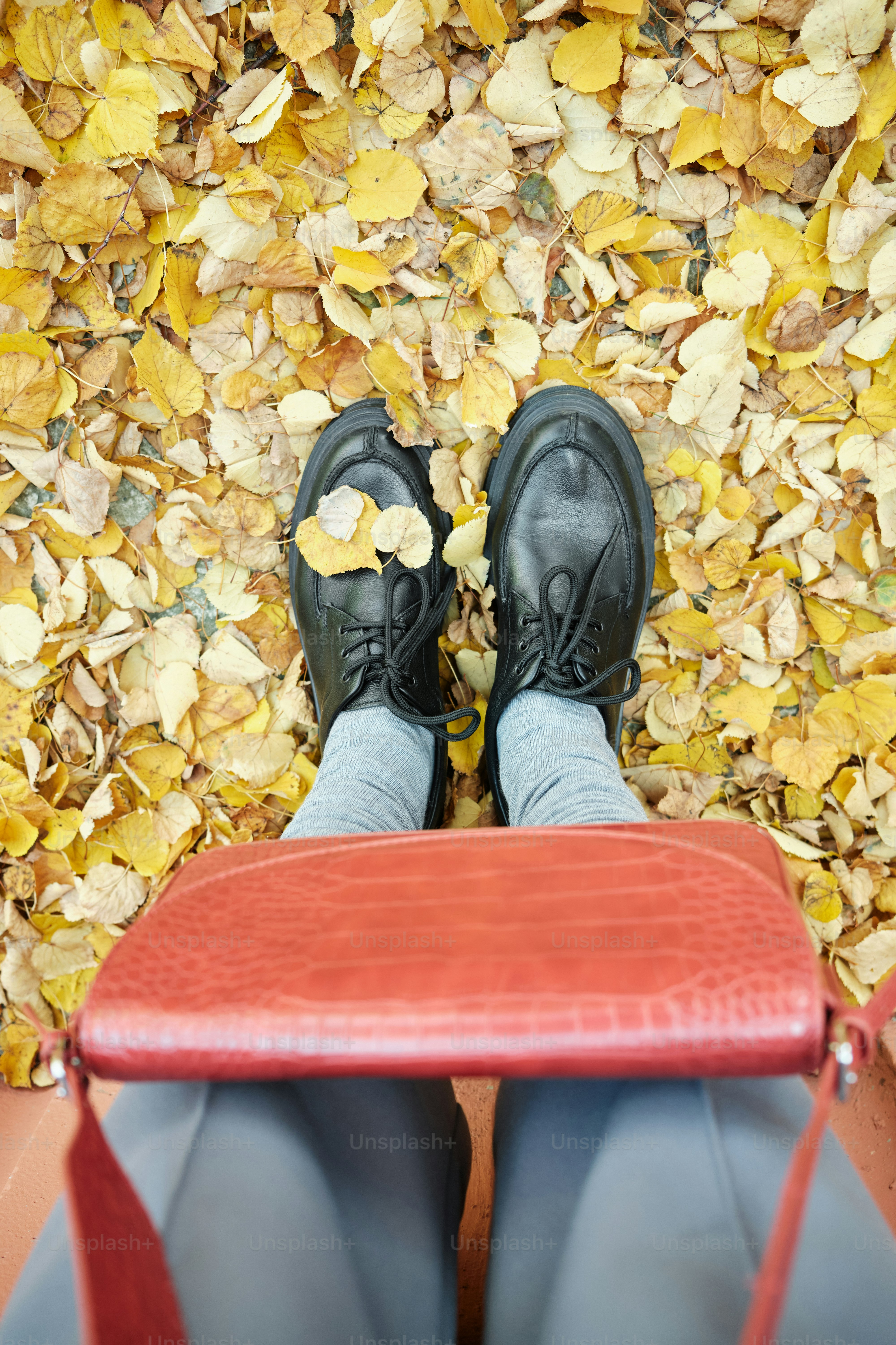 eine Person, die auf einer roten Bank vor Blättern sitzt