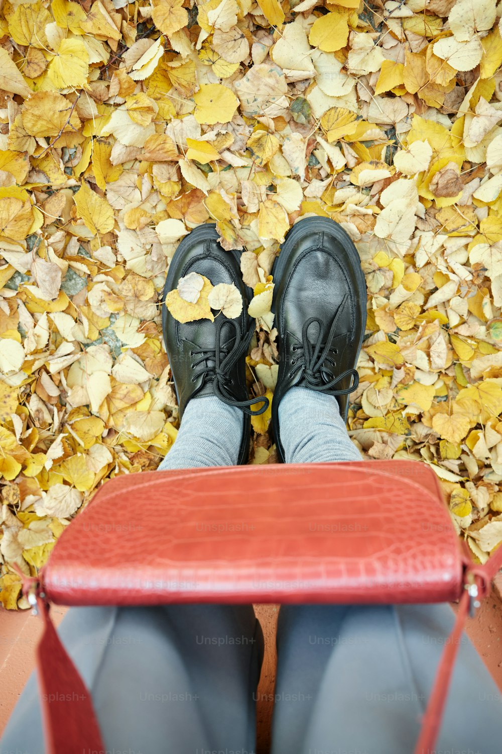 a person sitting on a red bench in front of leaves