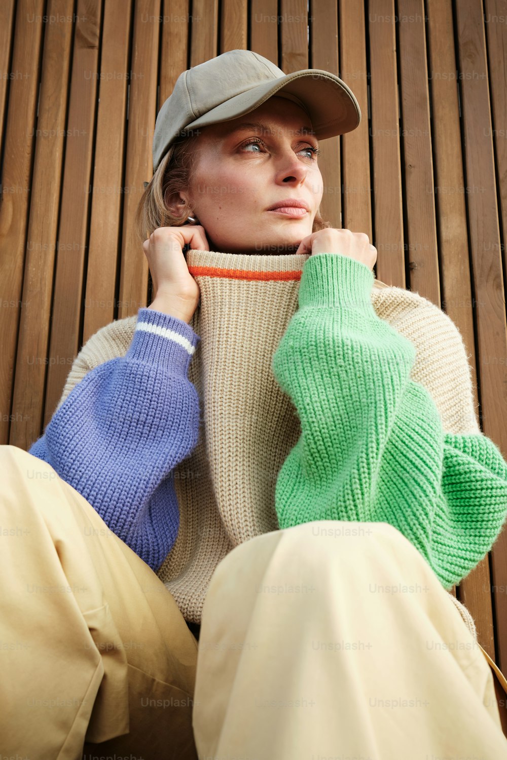 a woman sitting on the ground wearing a hat and sweater