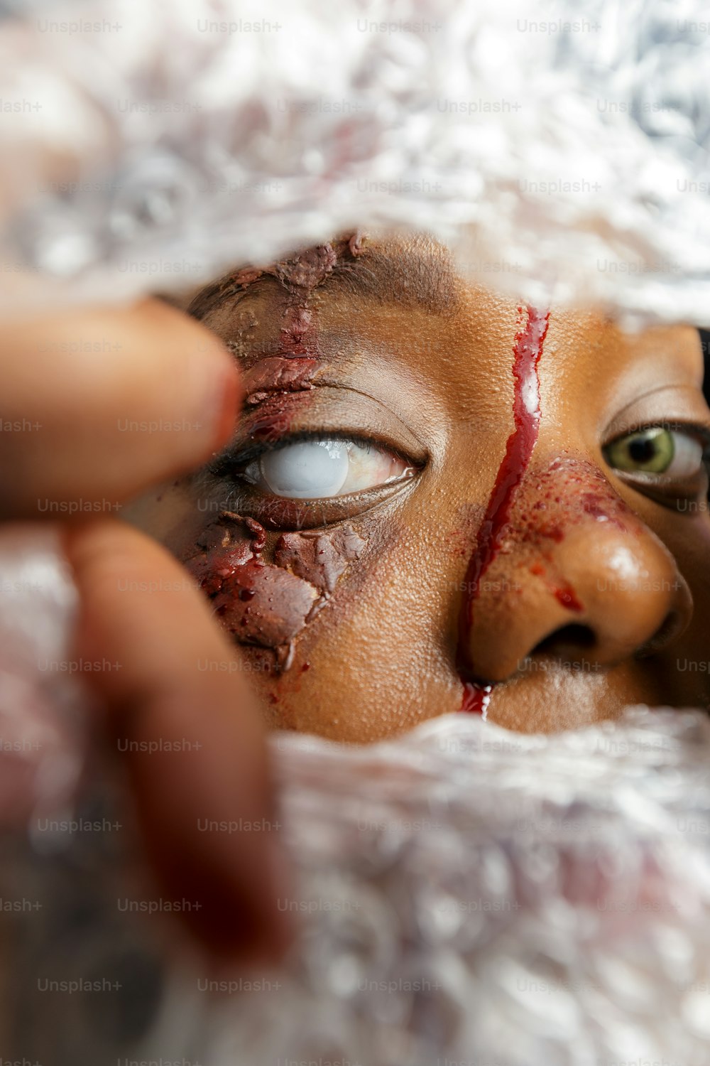 um close up de uma pessoa com sangue no rosto