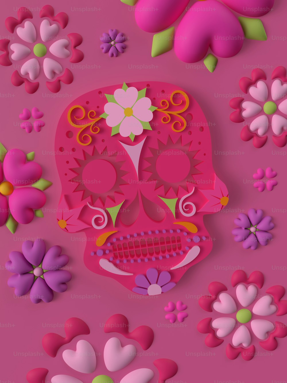ein Scherenschnitt eines rosafarbenen Schädels, umgeben von Blumen