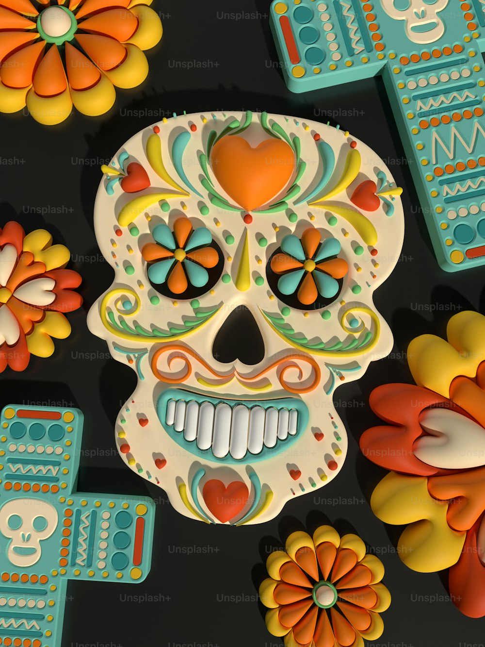 a colorful sugar skull surrounded by colorful flowers