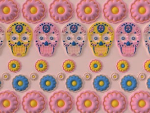 a group of sugar skulls sitting next to each other