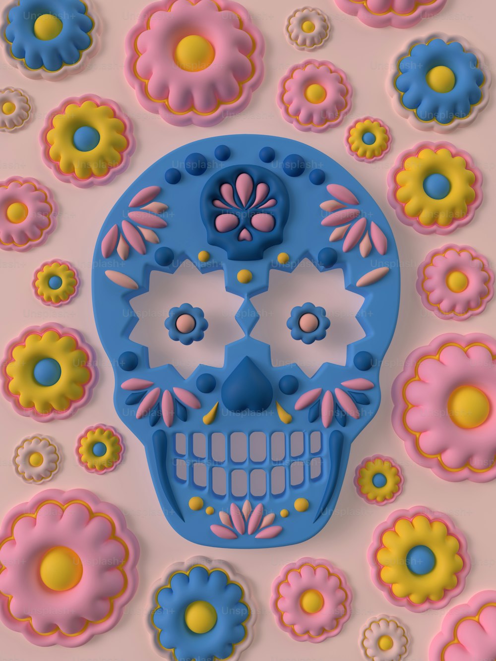 um crânio de açúcar azul e rosa cercado por flores