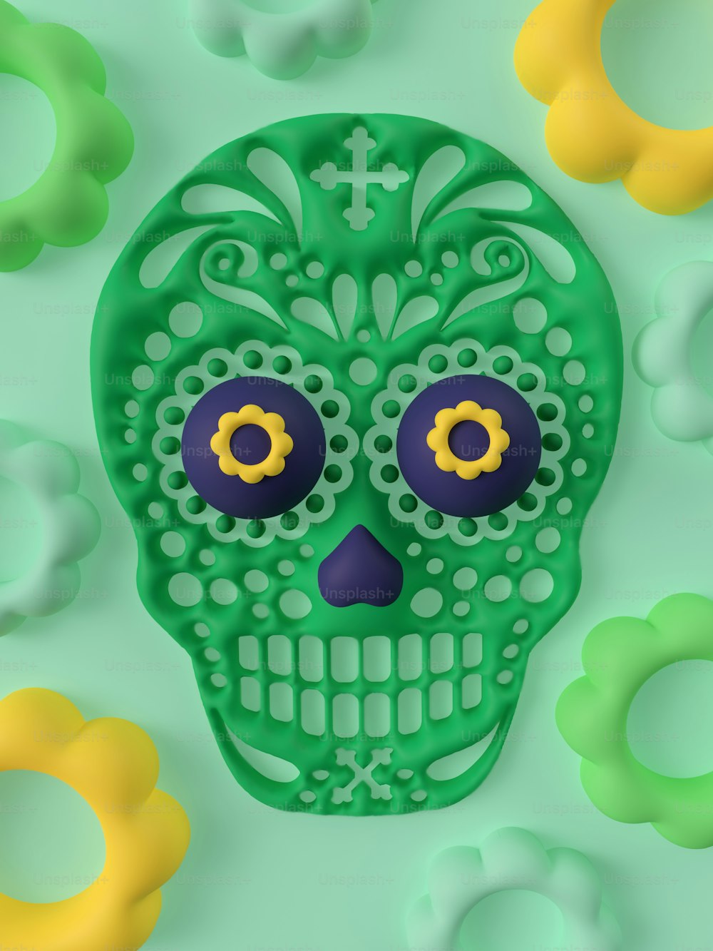 a green skull with yellow eyes and a cross on it