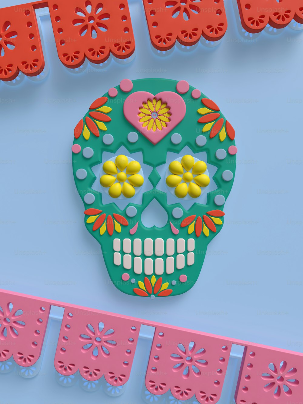 a colorful sugar skull on a blue background