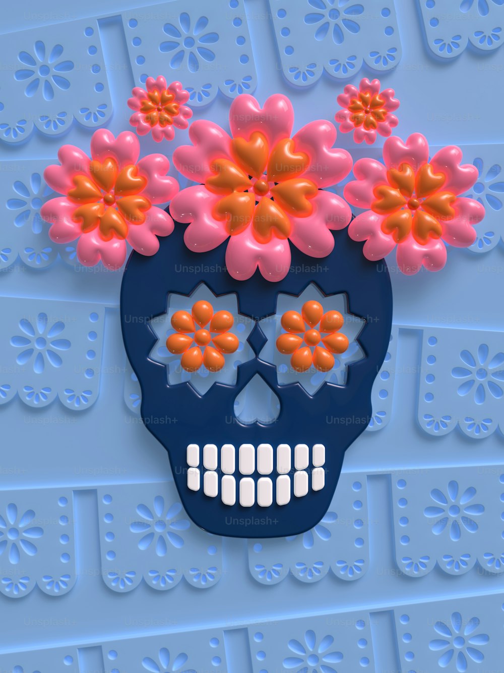 Ein Totenkopf mit Blumen im Kopf auf blauem Hintergrund
