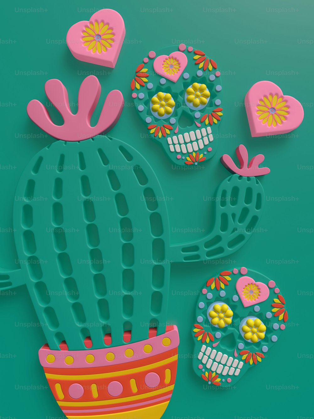 ein Kaktus mit Totenköpfen und Herzen darauf