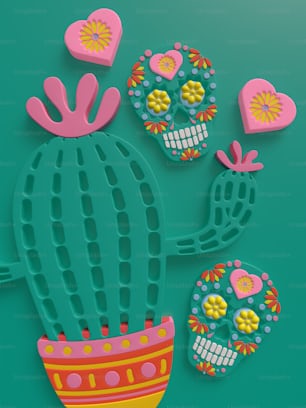 a cactus with skulls and hearts on it