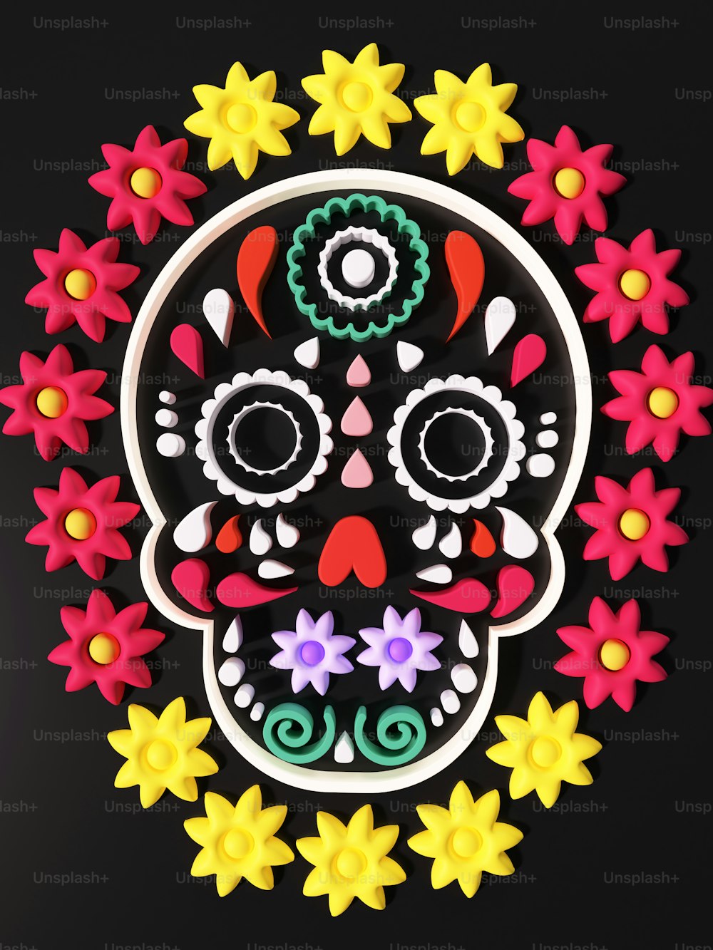 a sugar skull decorated with flowers on a black background