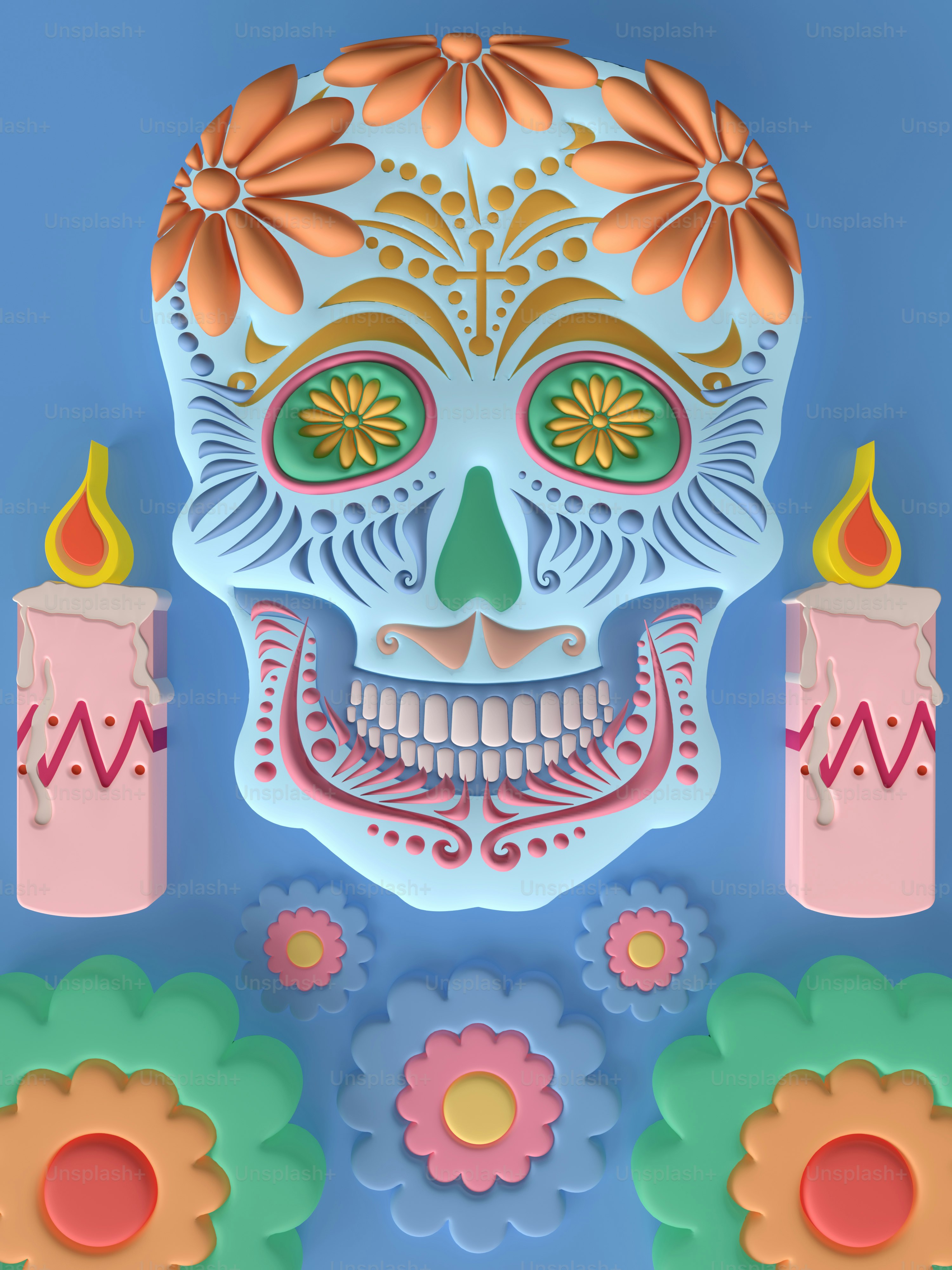 un papel recortado de una calavera con velas