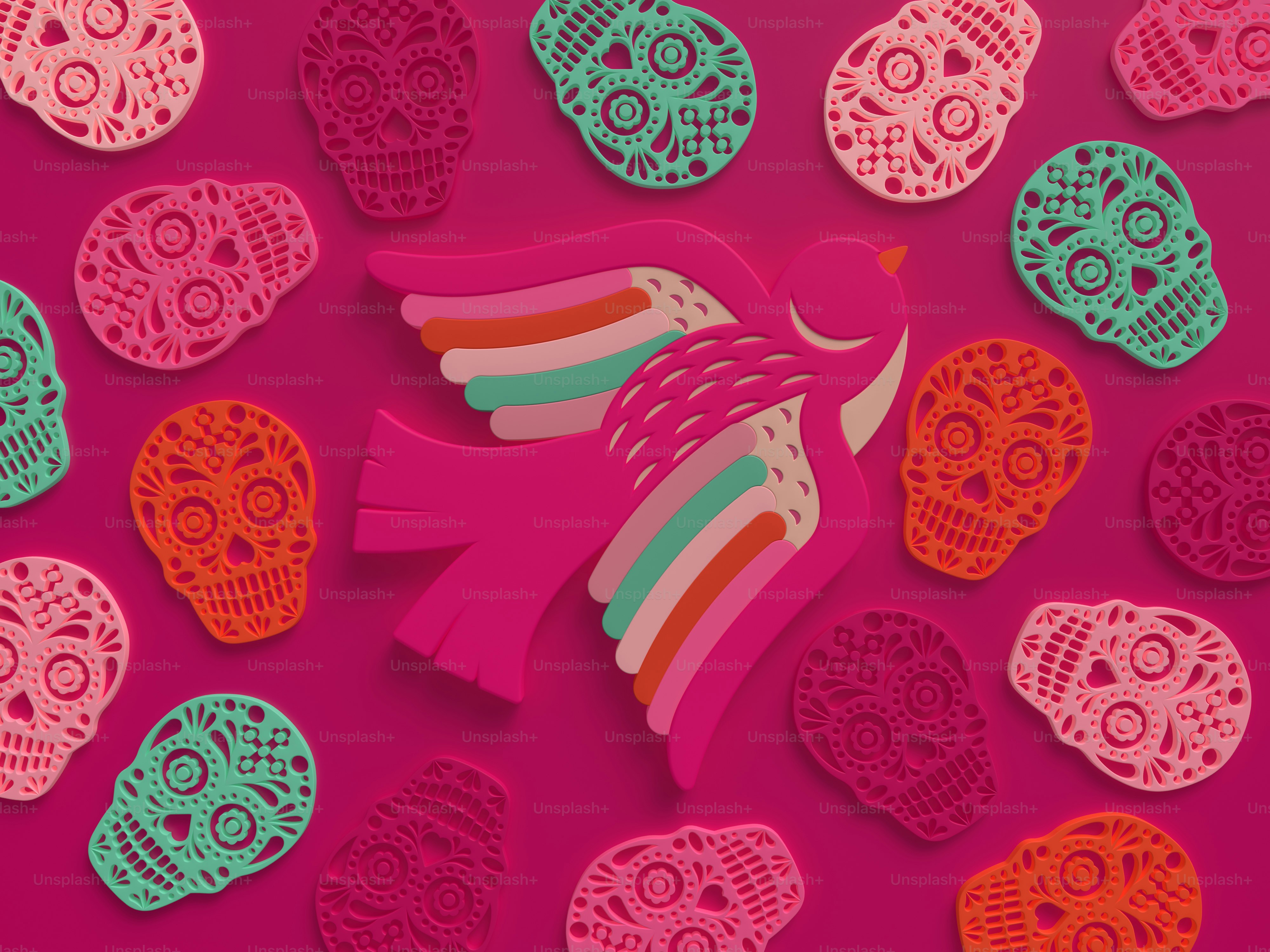 a paper cut of a bird surrounded by skulls