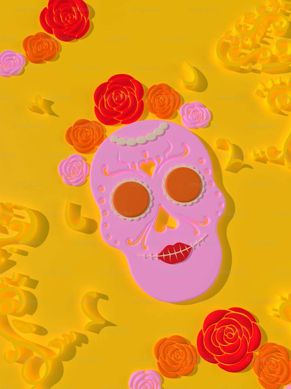 una calavera de azúcar rosa con rosas sobre un fondo amarillo
