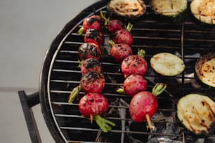 a close up of a grill with food on it