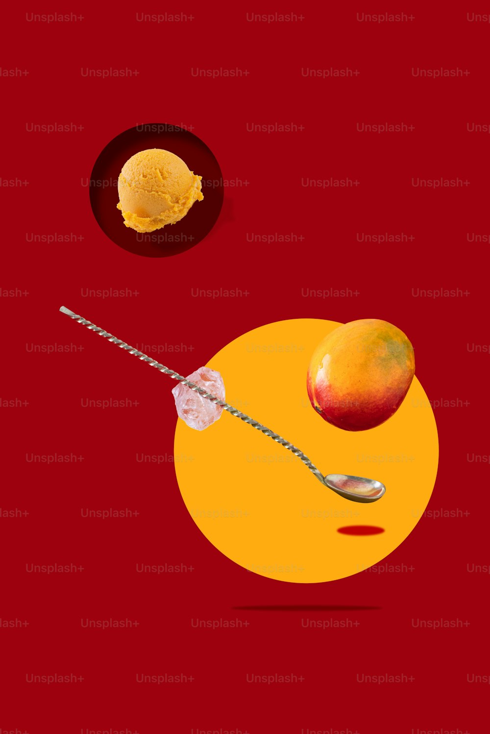 an orange and a spoon on a red background