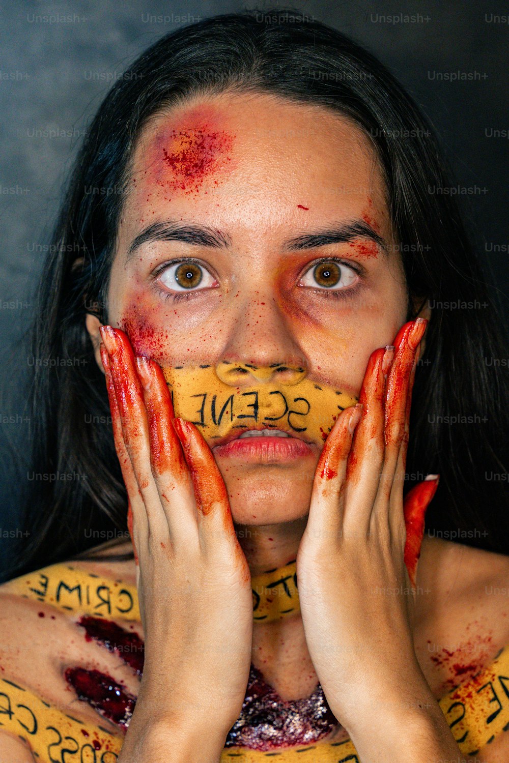 a woman with blood all over her face and hands