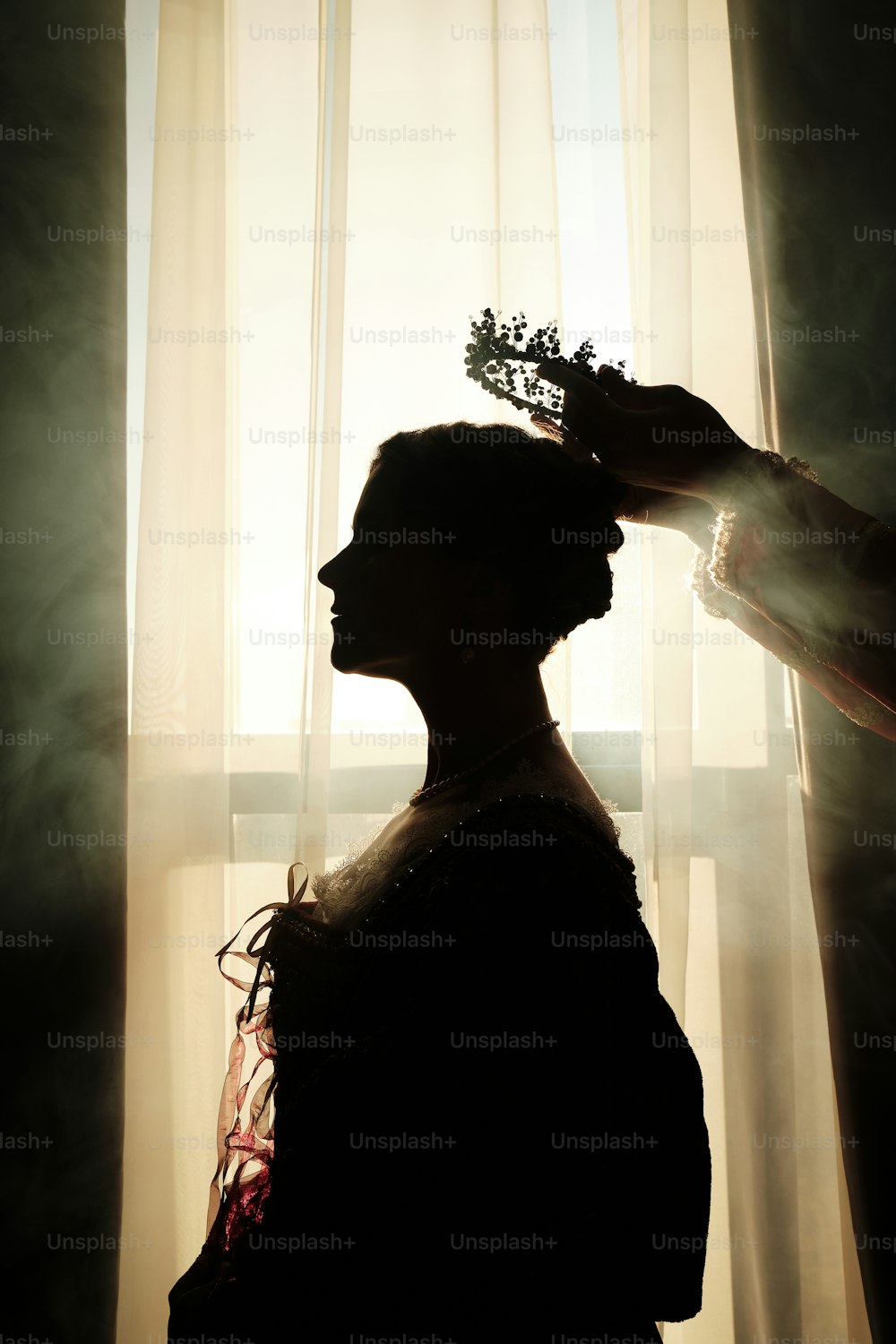 a silhouette of a woman getting her hair done