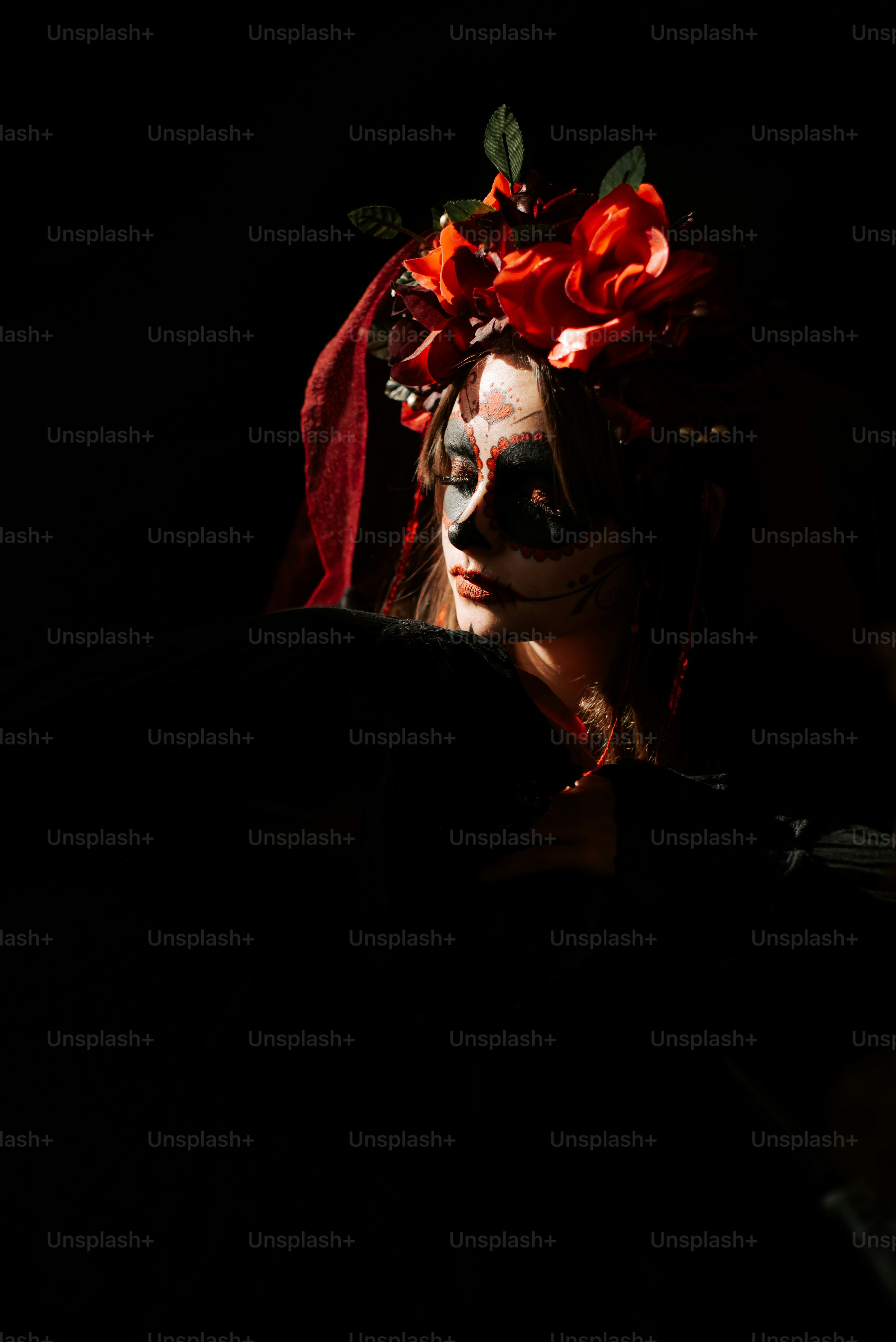 a woman with makeup and flowers in her hair