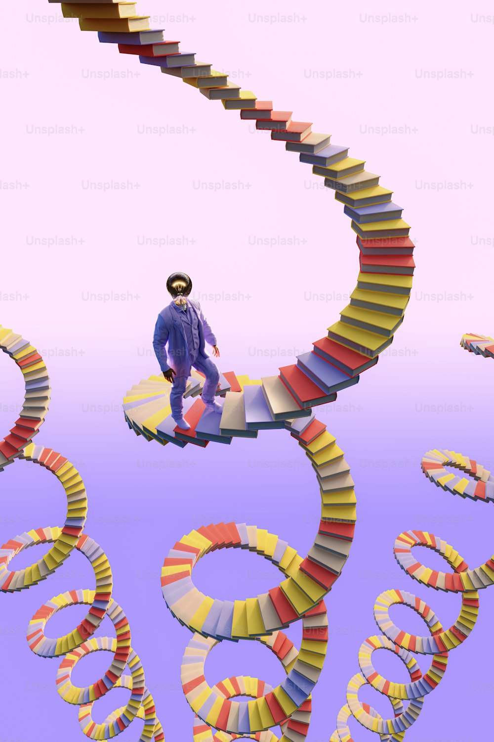 a man standing on top of a spiral staircase
