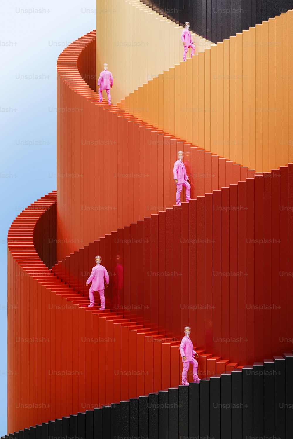 a group of people standing on top of a red staircase