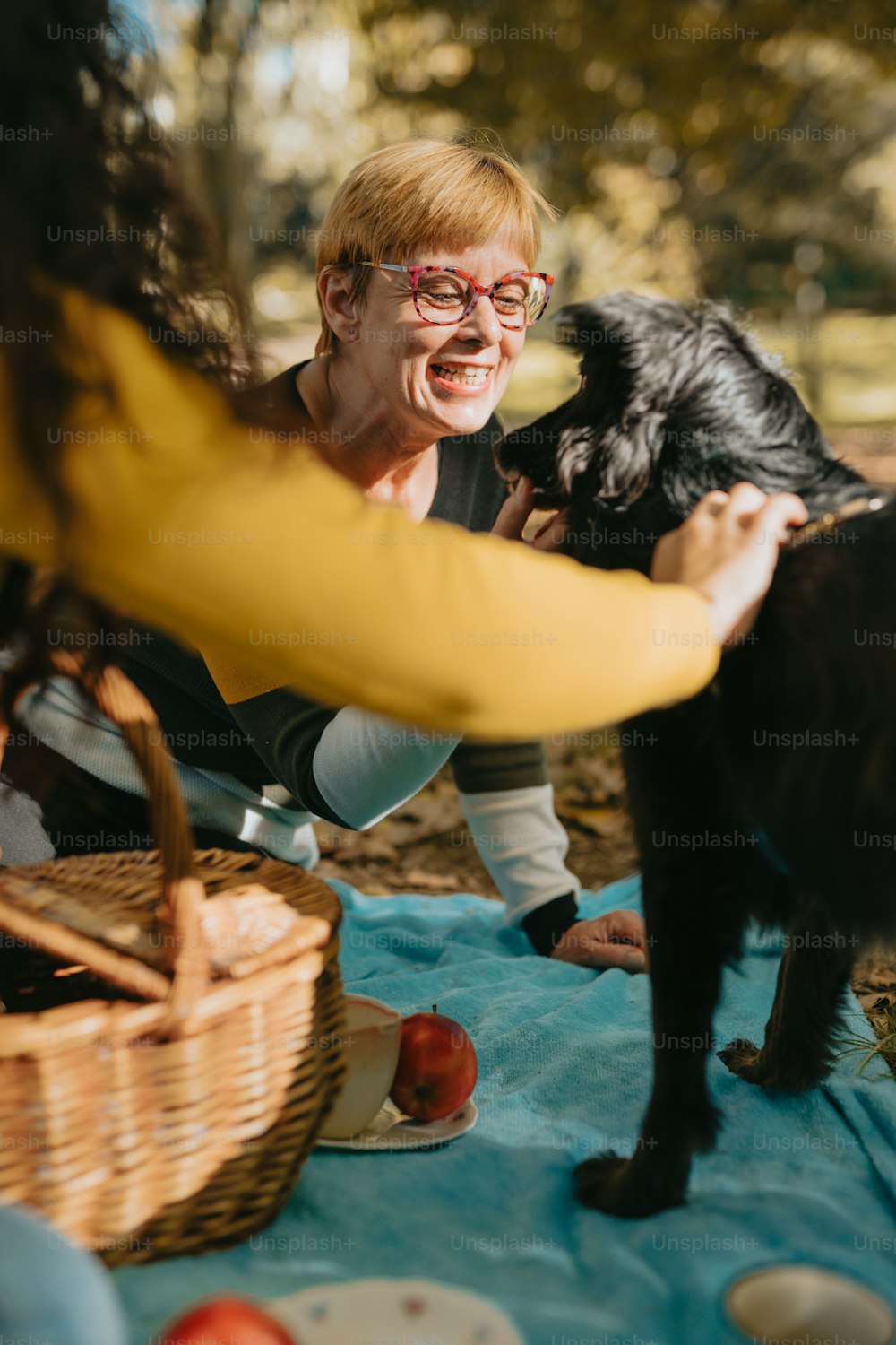 a woman is playing with a dog on a blanket