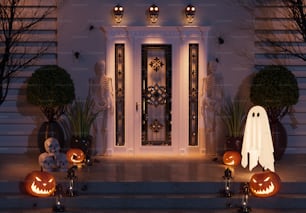 Une porte d’entrée décorée pour Halloween avec des citrouilles et des fantômes