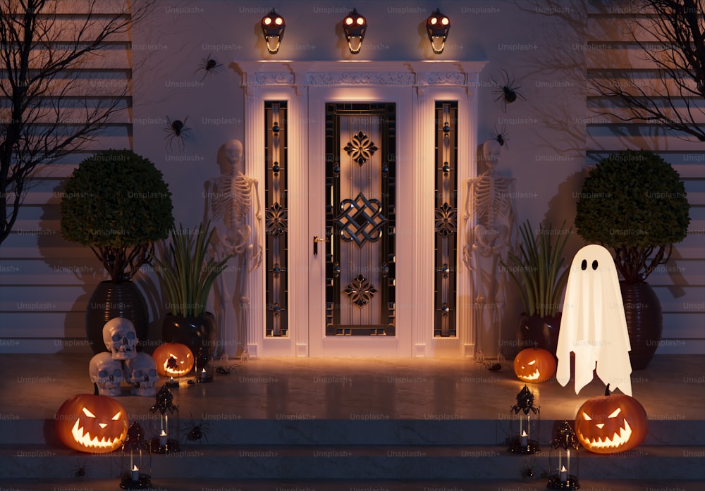 a front door decorated for halloween with pumpkins and ghost