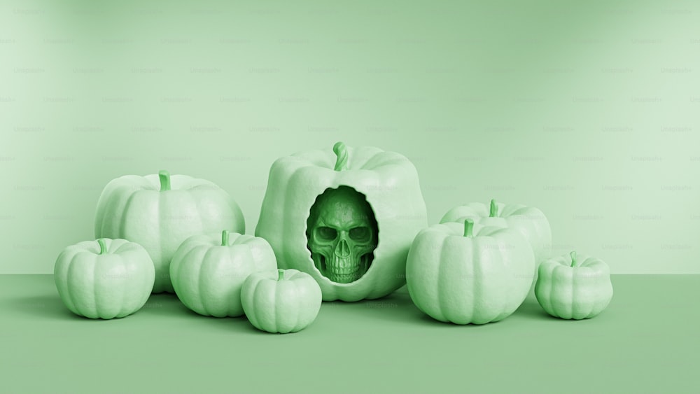 a group of white pumpkins with a skull in the middle