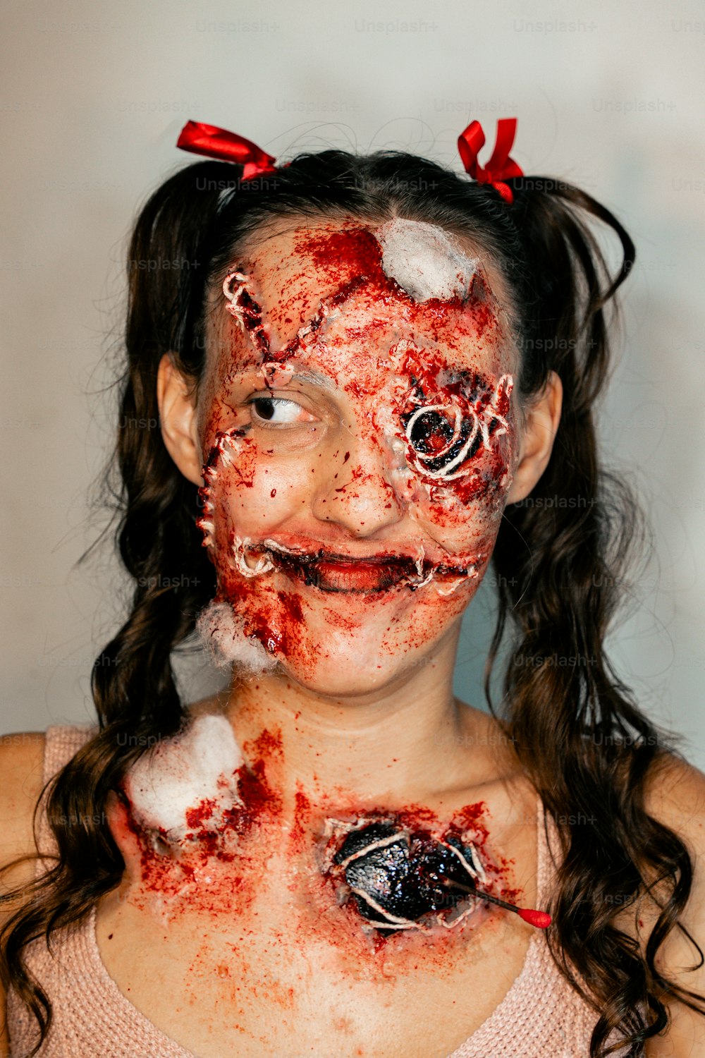 uma jovem com sangue espalhado por todo o rosto