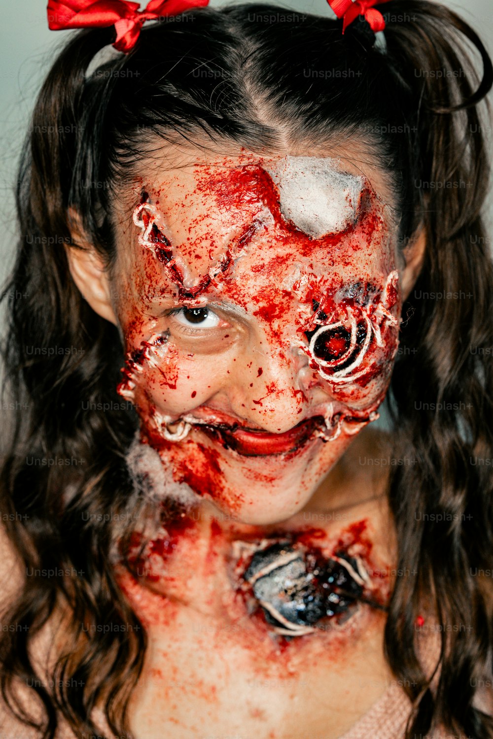 ein junges Mädchen mit Blut im ganzen Gesicht