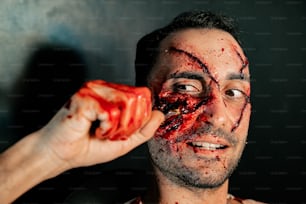 a man with a bloody face holding a piece of food