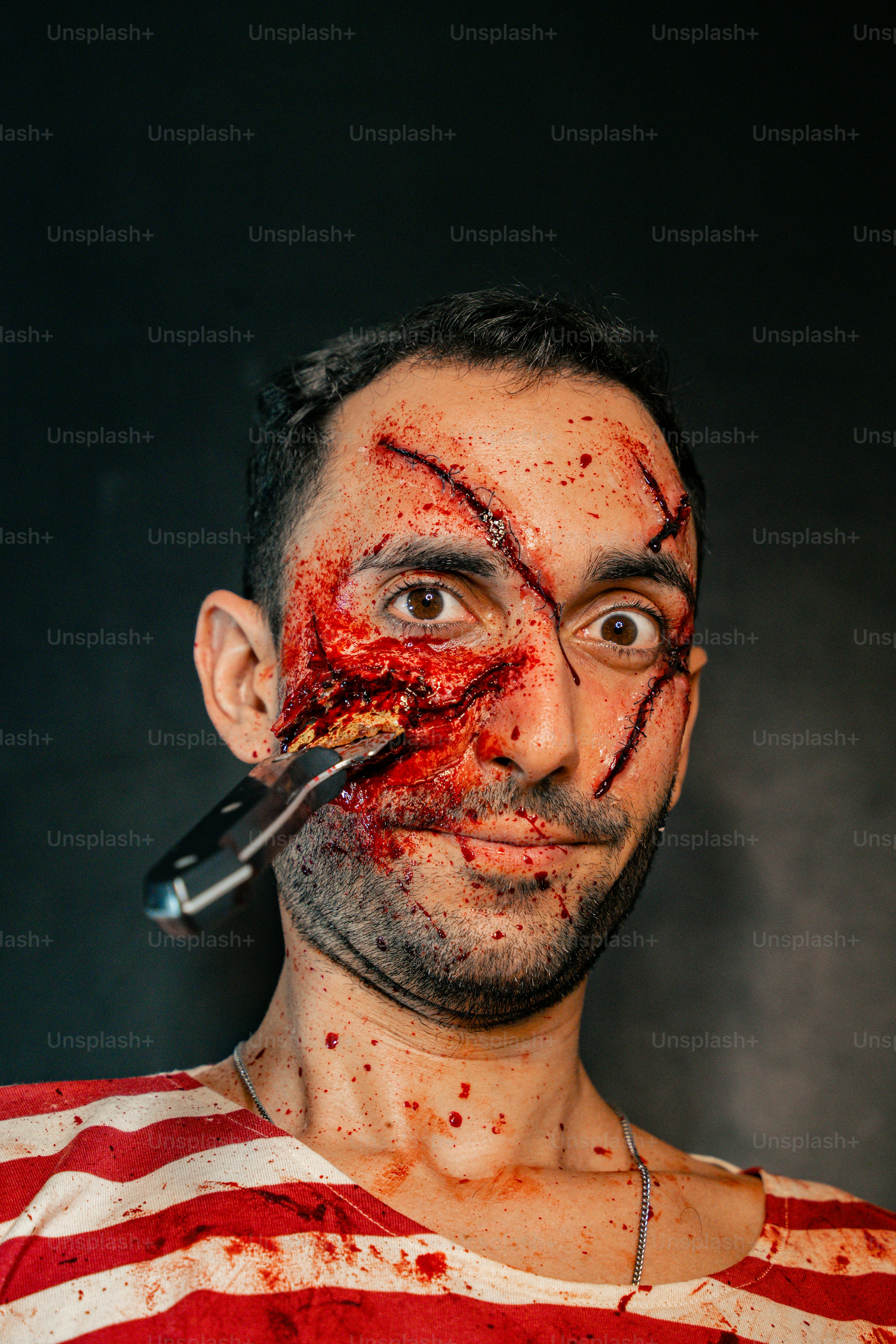 口にナイフを持ち、顔全体に血を流した男の写真 – Unsplashの幽霊の画像, image size:3000x4500