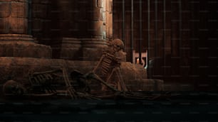 門の前の地面に座っている骸骨