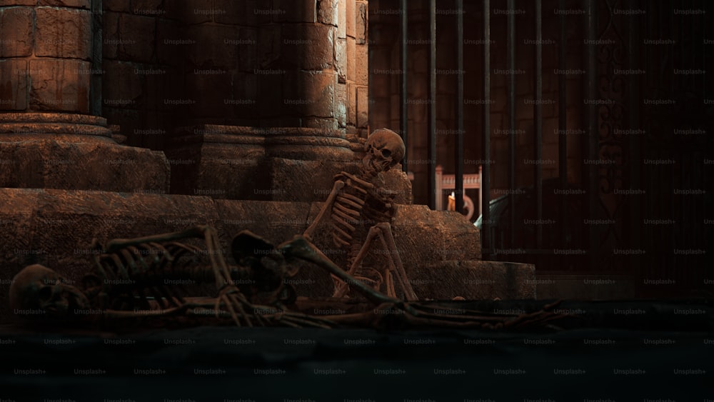 a skeleton sitting on the ground in front of a gate