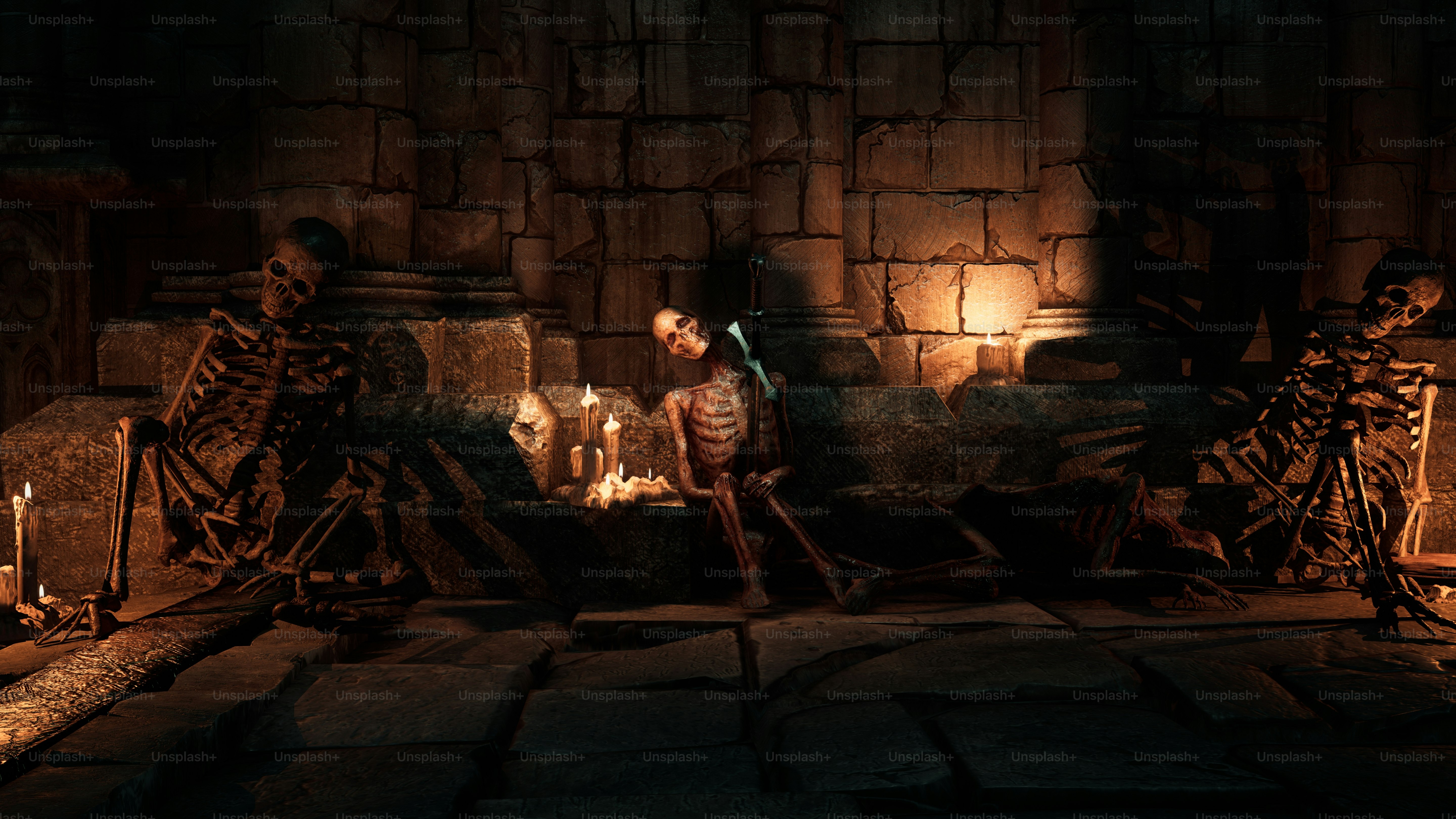 a group of skeletons in a dimly lit room